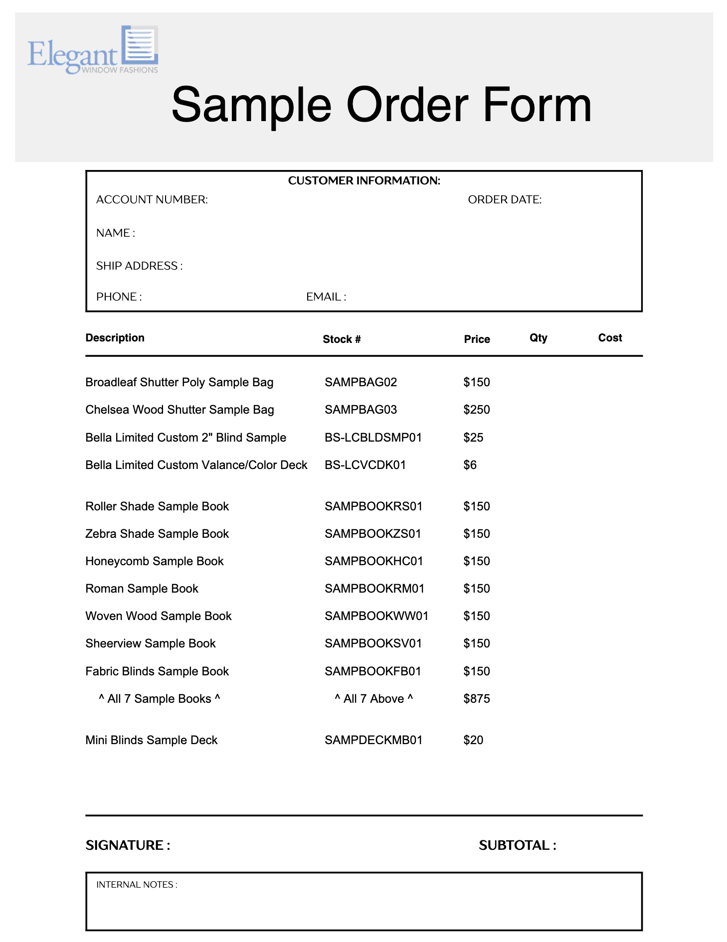 shutter order forms – Elegant Window Fashions